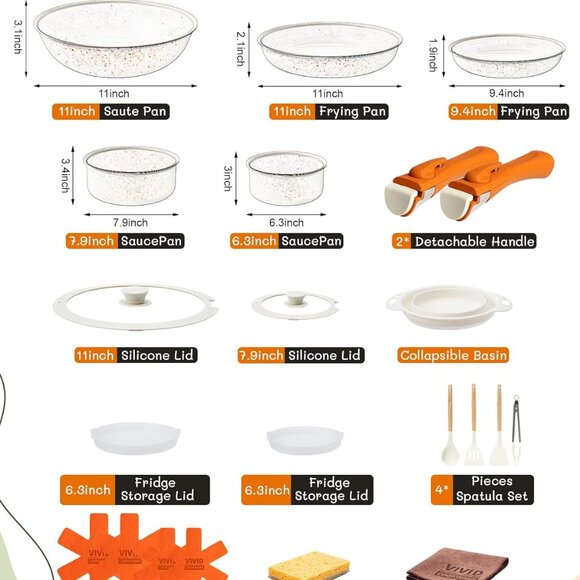 22-Piece Stackable Nonstick Cookware Set Orange/White Flake Finish - Picture 2 of 7